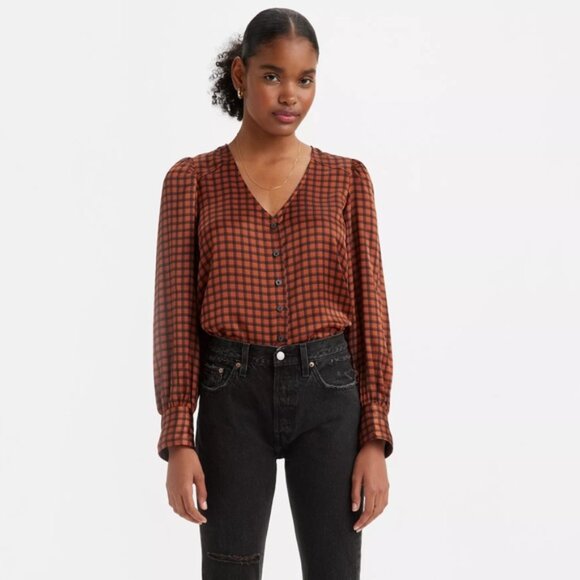 NWT LEVI’S Satin Plaid Kit Blouse‎ V-neck LS Button Up Collarless Roomy Sz XL - Picture 1 of 16